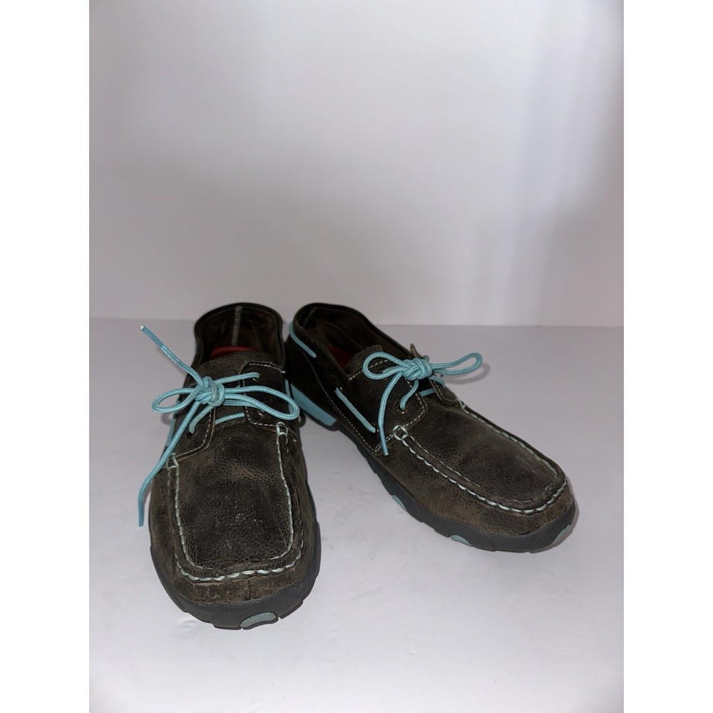 Twisted X Western Bomber Brown Teal Boat Soft Leather Driving shoes women's 9.5M